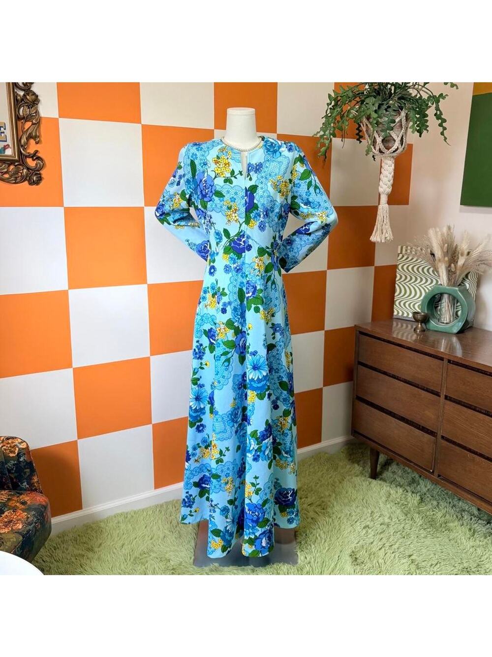 70s Vintage Blue and Yellow Flower Power Floral Print Long Sleeve Maxi Dress